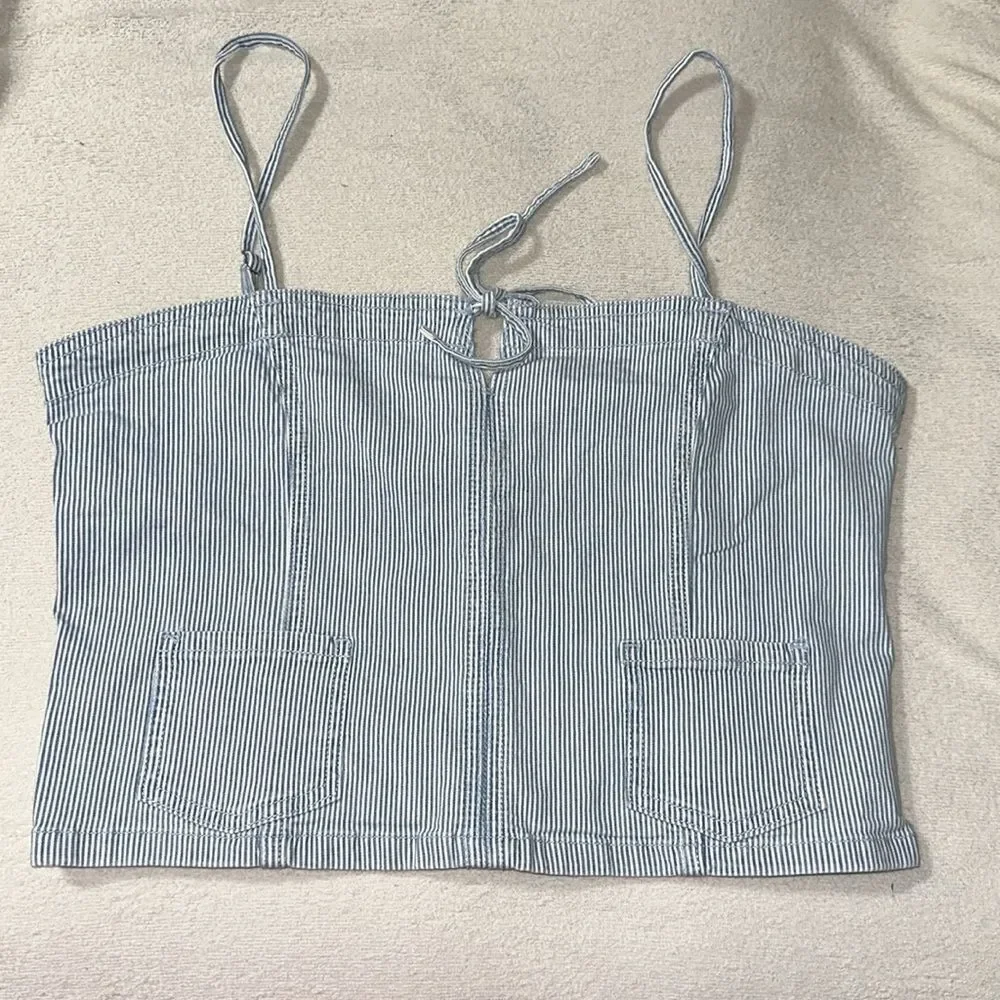 AE Light Blue Pin Stripe Vintage Wash Railroad Denim Cropped Spaghetti Top